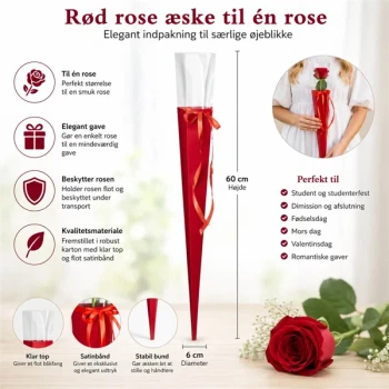 Rød rose æske til én rose med målangivelse 60 cm høj og 6 cm diameter – perfekt til student, studenterfest, dimission og romantiske gaver.
