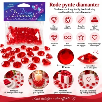 Røde pynte diamanter 12 mm, 28 g med ca. 87 stk. til bordpynt og festdekoration