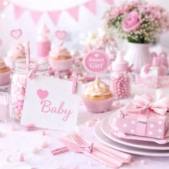 Små rosa træklemmer brugt som pynt til babyshower med kort, gave og lyserød festdekoration