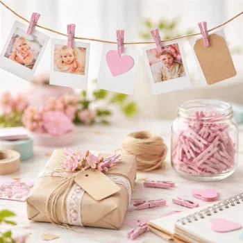 Små rosa træklemmer brugt til kreativ dekoration med fotos, gaveindpakning og DIY pynt
