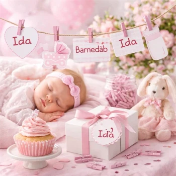 Rosa træklemmer brugt som pynt til pigebarnedåb med kort, gave og dekoration i lyserøde nuancer