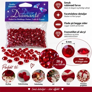 Rubinrøde pynte diamanter 6 mm – 28 g, ca. 550 stk. og flade på begge sider