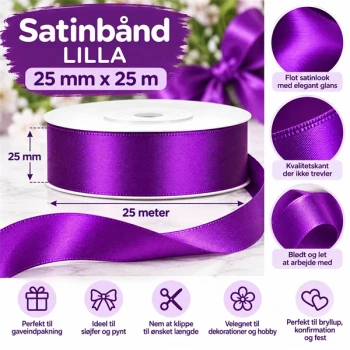 Lilla satinbånd 25 mm x 25 m til gaveindpakning, sløjfer og dekoration