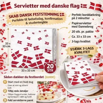 Infografik med servietter med danske flag 20 stk – Dannebrog papirservietter