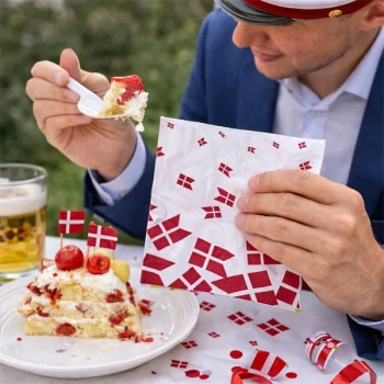 Person bruger servietter med danske flag til kage ved studentergilde og fødselsdag