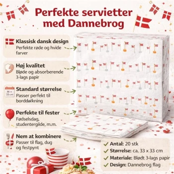 Infografik af servietter med Dannebrog 20 stk med produktinformation og fordele til dansk fest og borddækning