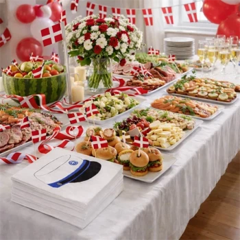 Studenter servietter i blå med studenterhue placeret på opdækket bord til studenterfest med dansk buffet og flag.