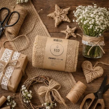 Sizo jute bånd bordløber i natur brugt til kreativ DIY dekoration med gaveindpakning, blomster og rustik bordpynt