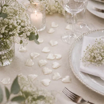 Små creme hvide stof hjerter som romantisk bordpynt til bryllup og elegant borddækning
