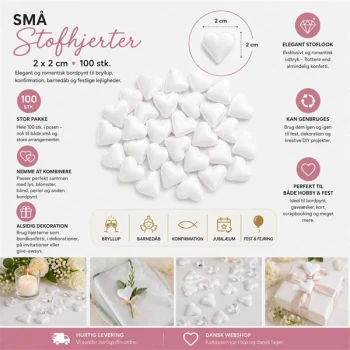 Små hvide stofhjerter 2x2 cm 100 stk til bryllup bordpynt, barnedåb, konfirmation og romantisk festdekoration