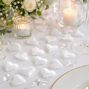 Små hvide stofhjerter som elegant bryllup bordpynt med levende lys, blomster og romantisk borddækning