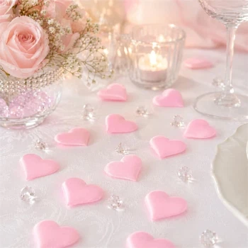 Små lyserøde stof hjerter som romantisk bordpynt til bryllup med blomster, lys og elegant borddækning