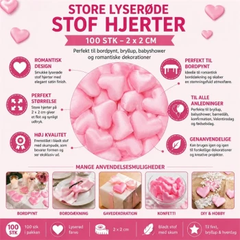 Små lyserøde stof hjerter 2x2 cm 100 stk til bordpynt, bryllup, babyshower og romantisk borddekoration
