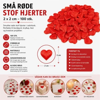 Små røde stof hjerter 2x2 cm 100 stk til bordpynt bryllup valentinsdag og fest