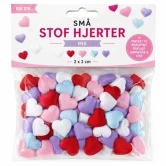 Packshot af små stof hjerter mix 100 stk i hvid, rød, lyserød, lilla og lyseblå 2 x 2 cm til bordpynt og fest