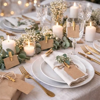 Små træklemmer i guld brugt som bordkort og pynt på elegant festbord med lys og blomster