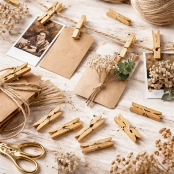 Små træklemmer i guld brugt til pynt, fotos og kreative DIY-projekter på rustik overflade