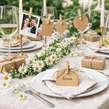 Små træklemmer i naturtræ brugt som bordkort og dekoration på festligt opdækket bord med blomster og lys