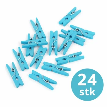 Små turkise træklemmer i træ 3,5 cm – 24 stk til pynt, dekoration og DIY