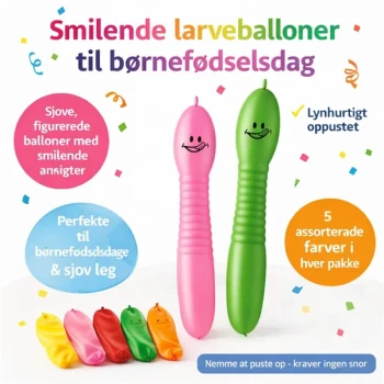 Smilende larveballoner 5 stk i forskellige farver til børnefødselsdag og sjov leg figur balloner