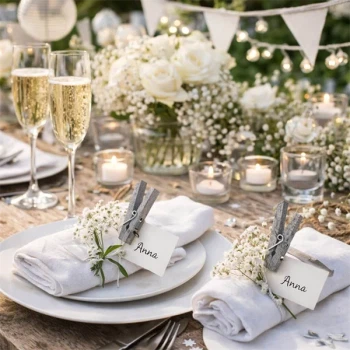 Sølv mini træklemmer brugt som bordkort på pyntet festbord med blomster, stearinlys og champagneglas
