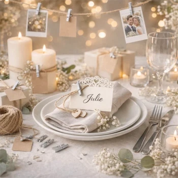 Sølv mini træklemmer brugt som bordkort på pyntet bryllupsbord med stearinlys, blomster og gaveindpakning