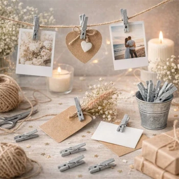 Sølv mini træklemmer brugt som fotoklemmer og dekoration med billeder, kort og hjerte ved romantisk festopdækning
