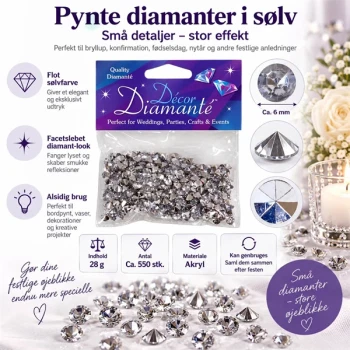 Sølv pynte diamanter 6 mm, 28 g med ca. 550 stk. til bordpynt og festdekoration