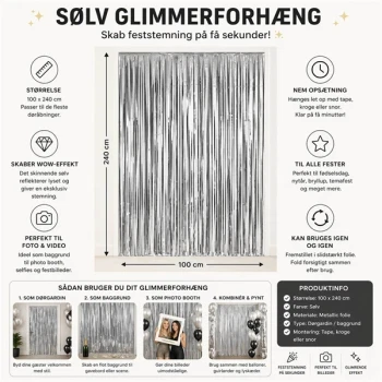 Sølv glimmerforhæng 90x250 cm infografik med mål, anvendelse og fest dekoration guide