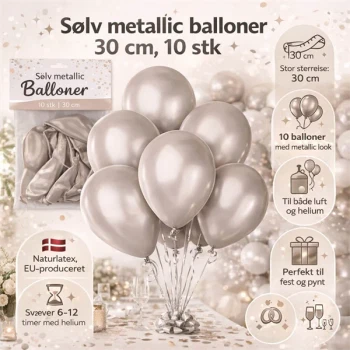 Sølv metallic balloner 30 cm 10 stk infografik med helium, størrelse og fest brug