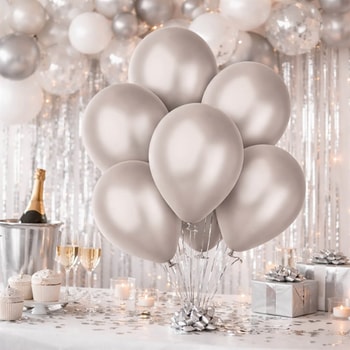 Sølv metallic balloner til fest dekoration med bordopdækning, champagne og pynt