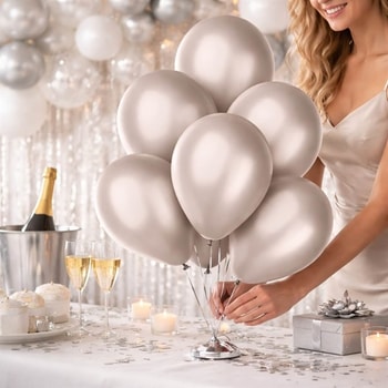 Sølv metallic balloner 30 cm brugt til fest dekoration med bordpynt og champagne