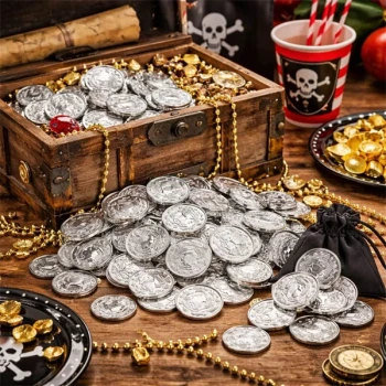 Sølvmønter i plast i skattekiste til piratfest – bordpynt og pynt til skattejagt og børnefødselsdag