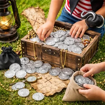 Børn leger skattejagt med sølvmønter i plast fra skattekiste – piratfest og temafest til børn