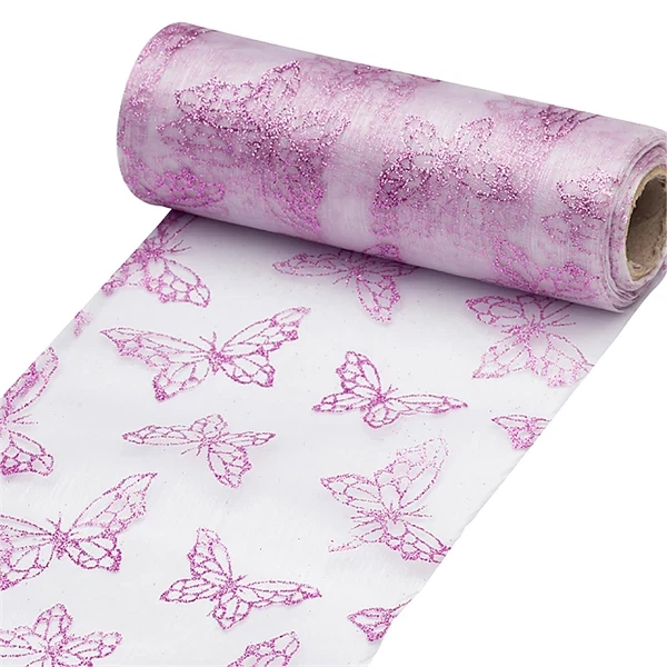 Organza Sommerfugle med glimmer lilla 14,5cm x 10m borddækning