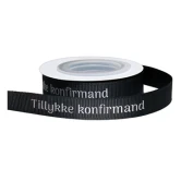 Bånd Tillykke Konfirmand sort/sølv 1,2cm x 5m konfirmationspynt