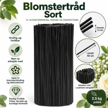 Sort blomstertråd 1,2 mm x 40 cm til blomsterbinding, kranse og dekorationer