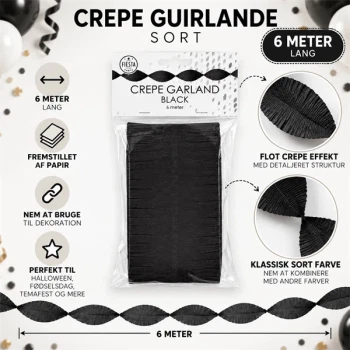 Sort crepe guirlande 6 meter i papir til festpynt