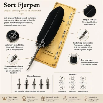 Sort fjerpen med udskiftelige skrivespidser til kalligrafi vist i infografik med produktfordele og anvendelsesmuligheder.