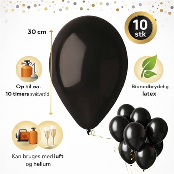 Sorte balloner 30 cm 10 stk infografik – helium svævetid, latex og fest brug