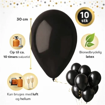 Infografik med sorte balloner 30 cm – 10 stk, helium svævetid og latex materiale