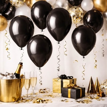 Sorte balloner 30 cm til fest i sort og guld tema med champagne og borddekoration
