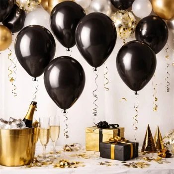 Sorte balloner 30 cm til fest i sort og guld tema med champagne og borddekoration