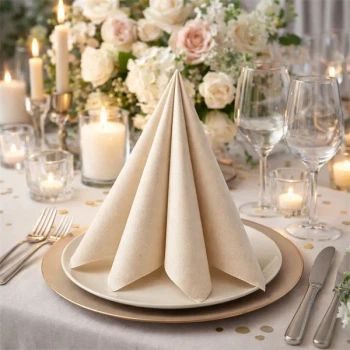 Beige Sovie Linclass airlaid serviet foldet på hvid tallerken med stearinlys, vinglas og blomster på elegant festbord.