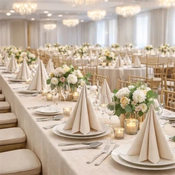 Elegant festlokale med lange borde dækket med beige Sovie Linclass airlaid servietter, foldet på hvide tallerkener, blomster og stearinlys.