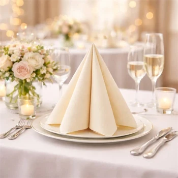 Sovie Linclass Airlaid serviet i creme foldet elegant på tallerken på pyntet festbord med blomster, stearinlys og vinglas.