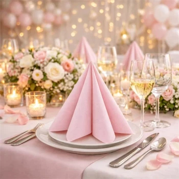Rosa Sovie Linclass Airlaid serviet foldet dekorativt på elegant pyntet festbord med blomster og stearinlys.