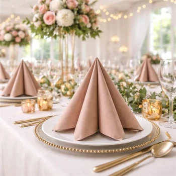 Rosegold Airlaid servietter foldet elegant på luksuriøst festbord med blomster, lys og guldbestik.