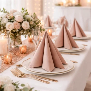 Rosegold Airlaid servietter foldet dekorativt på elegant festbord med blomster, stearinlys og guldbestik.