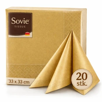 Sovie tissue servietter i guld 33x33 cm, 20 stk, foldet serviet foran original emballage